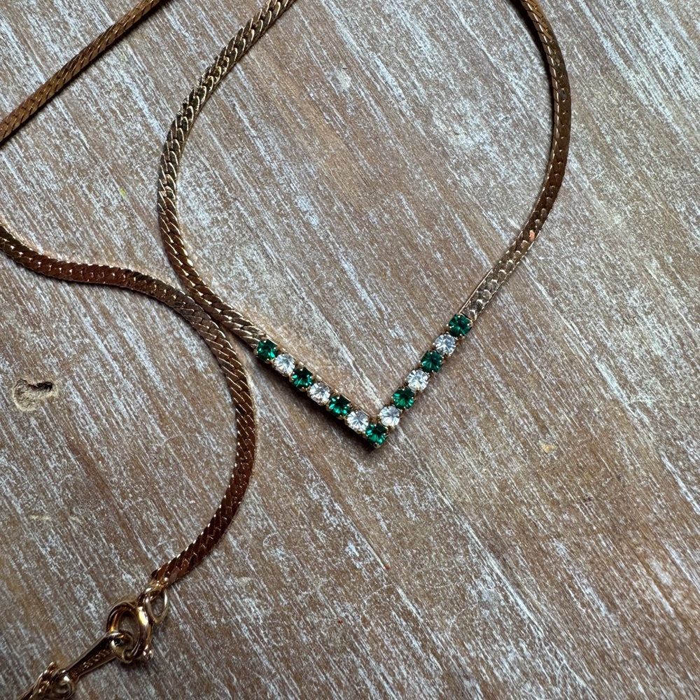 Vintage Avon Gold and Green Crystal Necklace